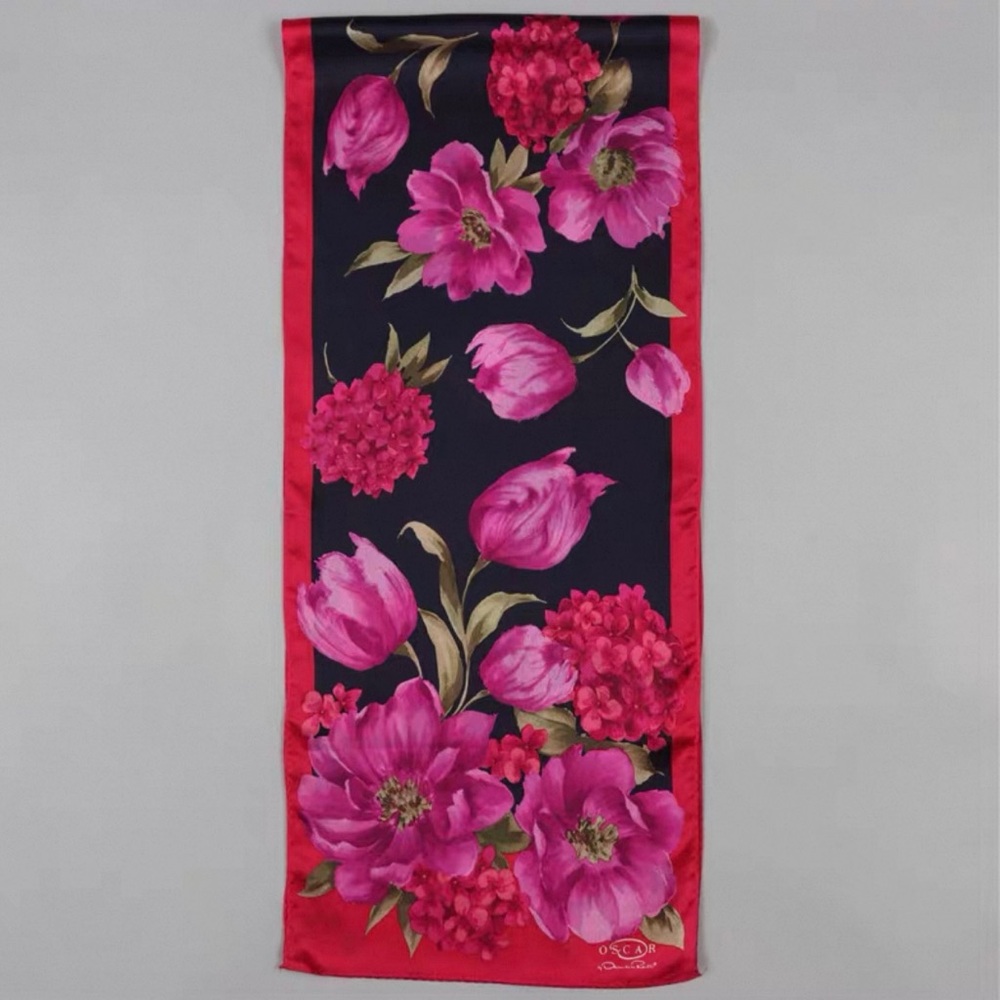 100% Silk scarf Black Hot Pink Floral